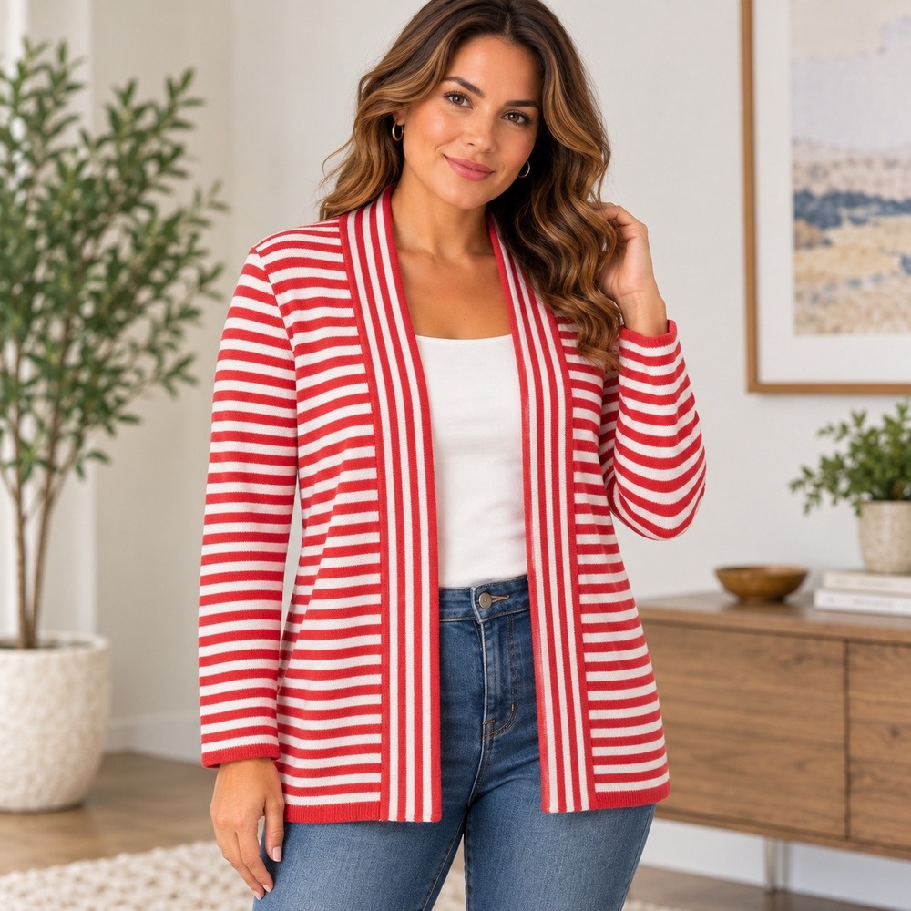 Talbots Petites Lambswool Blend Red White Striped Open Front Cardigan P
